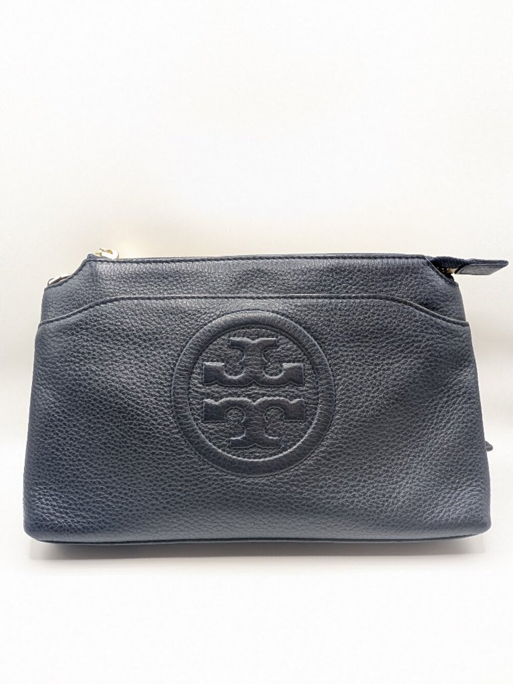 Tory Burch Navy Perry Bombé Double-Zip Crossbody | Gold Chain Strap | Pebbled